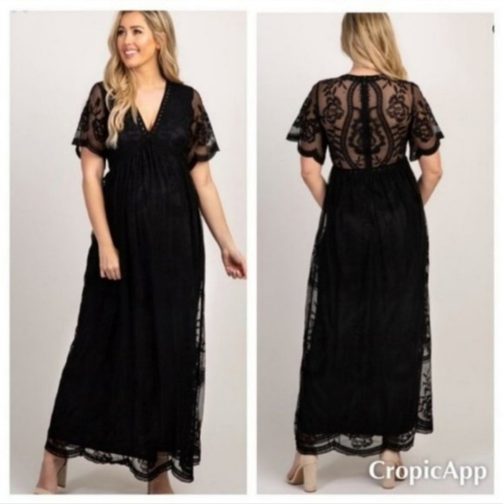 Pinkblush Black Lace Mesh Overlay Sheer Back Maternity Maxi Dress S